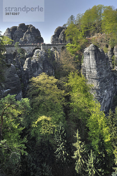 Touristen auf Basteibrücke und Felsformationen der Bastei  Sächsische Schweiz  Elbsandsteingebirge  Freistaat Sachsen  Deutschland  Europa