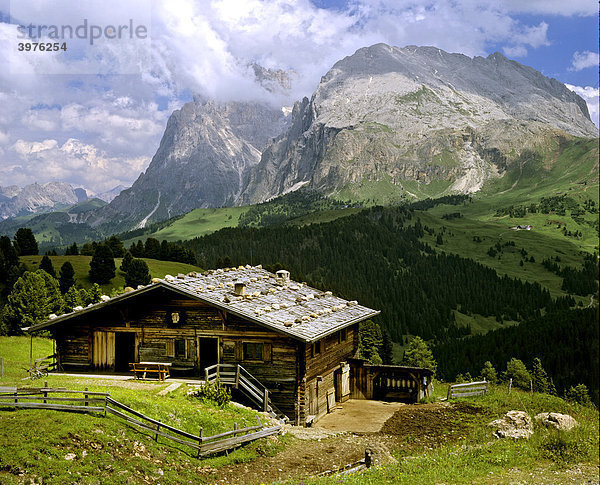 Almhütte  Langkofel und Plattkofel  Seiseralm  Dolomiten  Südtirol  Italien  Europa