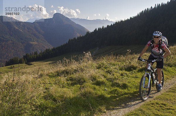 Mountainbike-Fahrerin im Herbst an der Hochries  Chiemgauer Alpen  Bayern  Deutschland