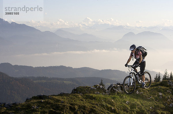 Mountainbike-Fahrerin an der Hochries  Chiemgauer Alpen  dahinter Wilder Kaiser  Bayern  Deutschland