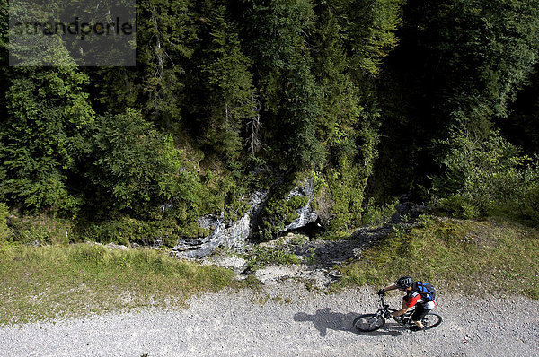 Mountainbike-Fahrer im Eschenlainetal  Eschenlohe  Oberbayern  Bayern  Deutschland