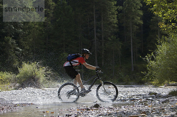 Mountainbike-Fahrer bei Bachdurchquerung im Eschenlainetal  Eschenlohe  Oberbayern  Bayern  Deutschland
