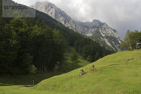 Mountainbike-Fahrerin und -Fahrer bei Mittenwald  Oberbayern  Bayern  Deutschland