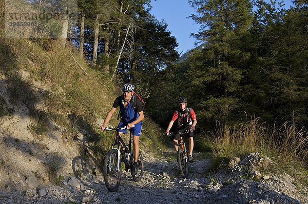 Mountainbike-Fahrer im Eschenlainetal  Eschenlohe  Oberbayern  Bayern  Deutschland