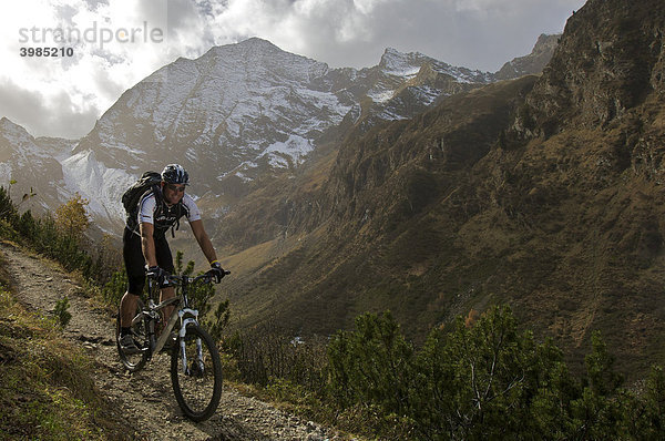 Mountainbike-Fahrer südlich der Karalm im Pinnistal  dahinter Habicht  Tirol  Österreich