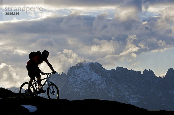 Mountainbike-Fahrer bei der Bruggwirtsalm  bei Kirchdorf  dahinter Wilder Kaiser  Tirol  Österreich