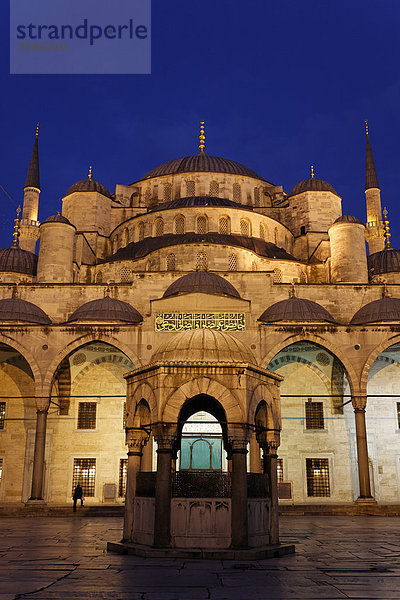 Illuminierte Blaue Moschee  Sultan Ahmet Camii  Vorhof mit Reinigungsbrunnen  Sardivan  Nachtaufnahme  Sultanahmet  Istanbul  Türkei