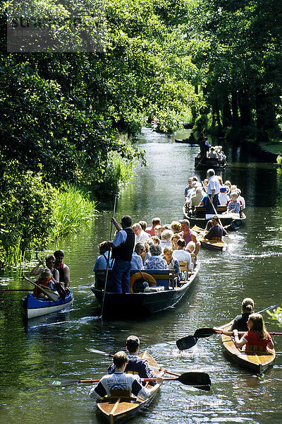 Dichter Bootsverkehr auf einem Fließ bei Lübbenau  Paddelboote  Kähne mit Touristen  Spreewald  Brandenburg  Deutschland  Europa