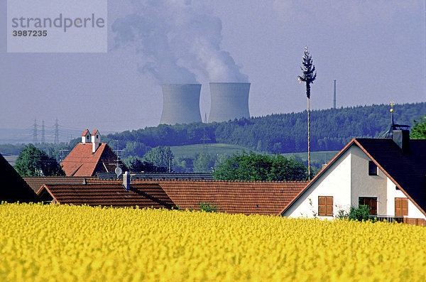 Atomkraftwerk hinter einem kleinen Dorf und einem gelb blühenden Rapfsfeld  Baden-Württemberg  Deutschland