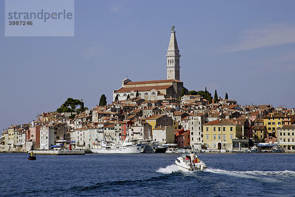 Blick auf den Hafen und die Altstadt vom Yachthafen aus  Rovinj  Istrien  Kroatien