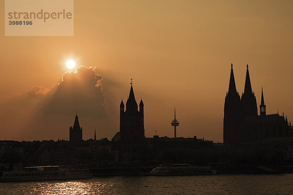 Silhouette  Rheinufer und Kölner Dom im Sonnenuntergang  Köln am Rhein  Nordrhein-Westfalen  Deutschland  Europa