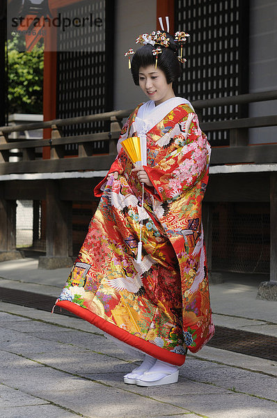 Braut in traditionellen Kimono bei einer shintoistischen Hochzeit im Yasaka Schrein  Maruyama Park  Kyoto  Japan  Asien