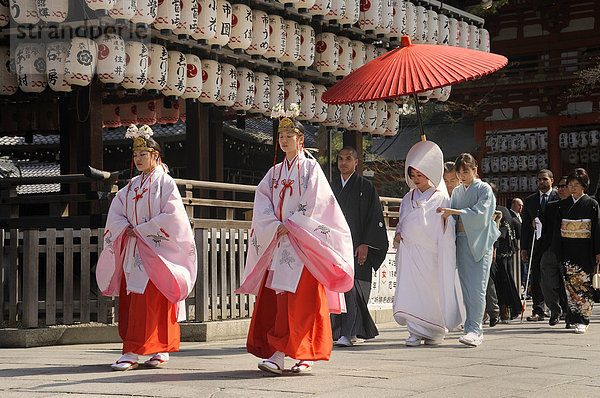 Mikos  Schreindienerin  führt den Brautzug an  Yasaka Schrein  Maruyama Park  Kyoto  Japan  Asien