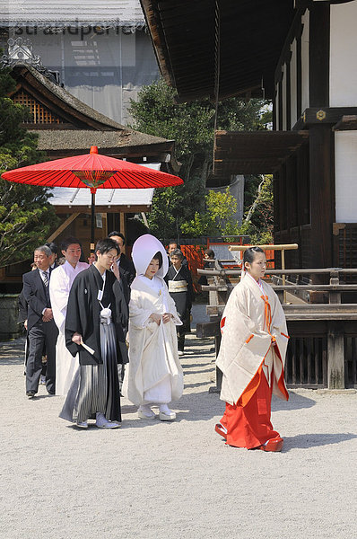 Shinto-Hochzeit mit Schreindienerin im Shimogamo Schrein  Kyoto  Japan  Ostasien  Asien