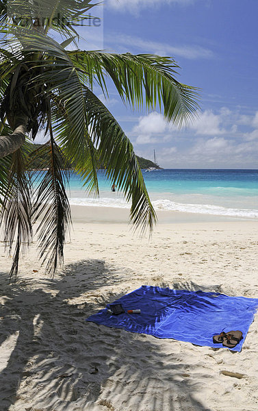Badetücher unter Kokospalme am Sandstrand  Anse Lazio  Insel Praslin  Seychellen  Afrika  Indischer Ozean