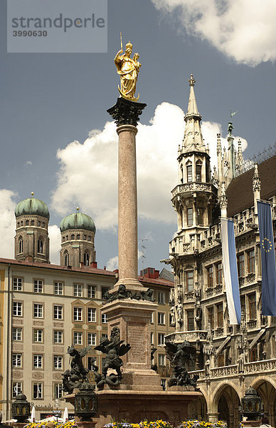 Blick vom Marienplatz auf die Türme der Frauenkirche mit der Mariensäule und rechts dem Neuen Rathaus  München  Bayern  Deutschland  Europa