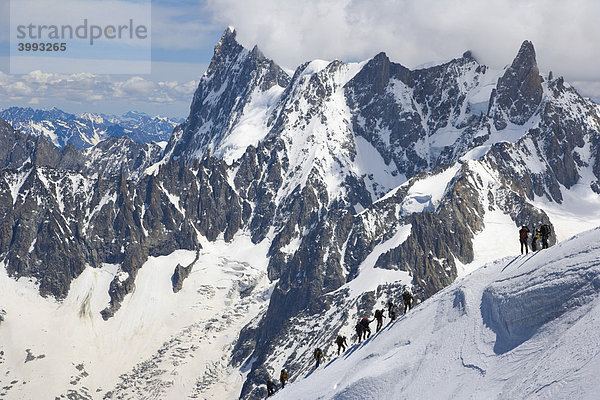 Bergsteiger steigen aus dem Vallee Blanche auf zum Aiguille du Midi in Richtung der Grandes Jorasses  Dent du Geant  Chamonix Mont-Blanc-Massiv  Alpen  Frankreich  Europa