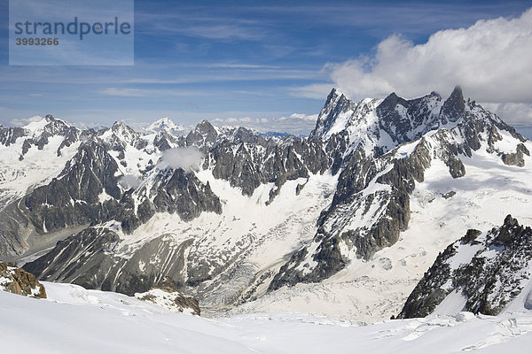 Aiguille de Leschaux  Grandes Jorasses  Dent du GÈant und Gletscher des Periades von Aiguille du Midi  Chamonix  Mont Blanc-Massiv  Alpen  Frankreich  Europa