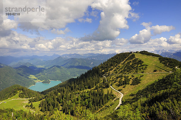 Blick vom Herzogstand zur Bergstation Herzogstandbahn  dahinter der Walchensee  Landkreis Bad Tölz-Wolfratshausen  Bayern  Deutschland  Europa