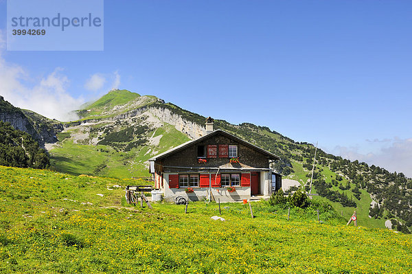Almhütte oder Alphütte auf der Ebenalp dahinter der Berg Schäfler  Kanton Appenzell Innerrhoden  Schweiz  Europa