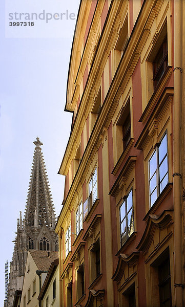 Alte dekorative Bürgerhausfassade  hinten Turm vom Dom St. Peter  Regensburg  Oberpfalz  Bayern  Deutschland  Europa