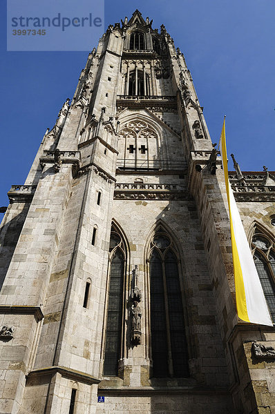 Restaurierter Turm vom Dom St. Peter mit weiß-gelber Fahne  Regensburg  Oberpfalz  Bayern  Deutschland  Europa