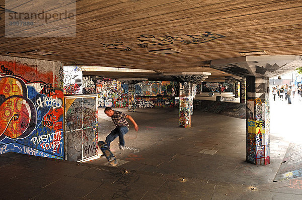 Skateboard-Anlage mit Graffiti-Wänden an der Themse  London  England  Europa