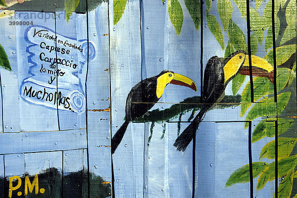 Wandmalerei mit Tukans  Reklamewand zu einem Restaurant in Quepos  Pazifik  Costa Rica  Mittelamerika