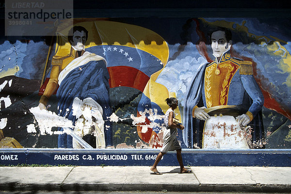 Simon Bolivar und Nationalflagge  Wandmalerei zur Geschichte Venezuelas  Isla de Margarita  Karibik  Venezuela  Südamerika