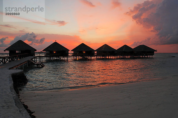 Wasserbungalows  Strand  Horizont  Sonnenuntergang  Vadoo  Insel  Süd Male Atoll  Malediven  Archipel  Indischer Ozean  Asien