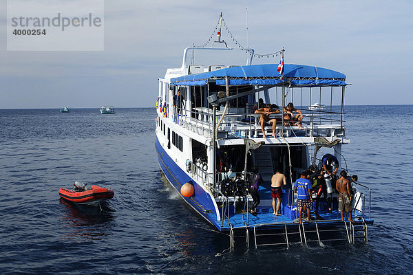 Gruppe Taucher werden nach Tauchgang durch Tauchschiff aufgenommen  Similan Inseln  Andamanen See  Indischer Ozean  Phuket  Thailand  Asien