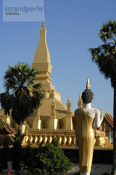 Buddhafigur blickt auf den That Luang  die goldene erhabene Stupa  Vientiane  Laos  Asien