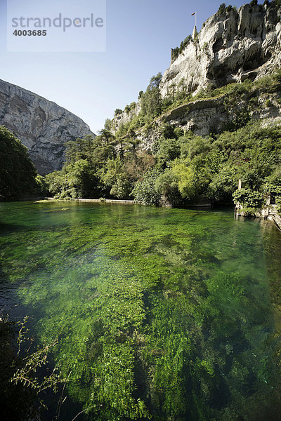 Der Fluss Sorgue kurz nach der Quelle bei Fontaine de Vaucluse  Provence  Frankreich  Europa