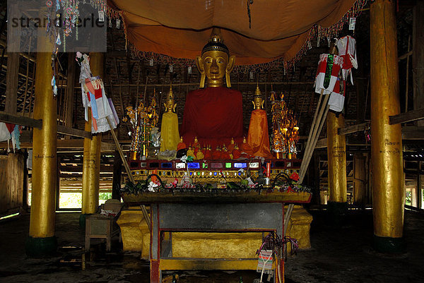 Buddhismus  gold gestrichene Säulen im Altarraum im Waldkloster mit Buddha Statue  alter Tai-Lü-Tempel Wat Luang  Ou Neua  Gnot Ou  Phongsali Provinz  Laos  Südostasien  Asien