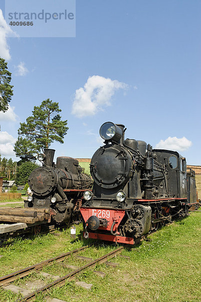 Zwei alte Dampflokomotiven  Schmalspur-Eisenbahn-Museum in Pereslavl-Zalessky  Russland