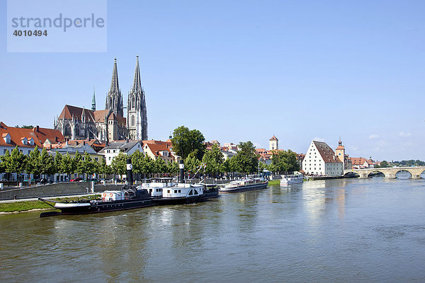 Regensburger Dom Sankt Peter mit dem Schifffahrtsmuseum auf der Donau  dem Salzstadl und der Steinernen Brücke  in Regensburg  Bayern  Deutschland  Europa