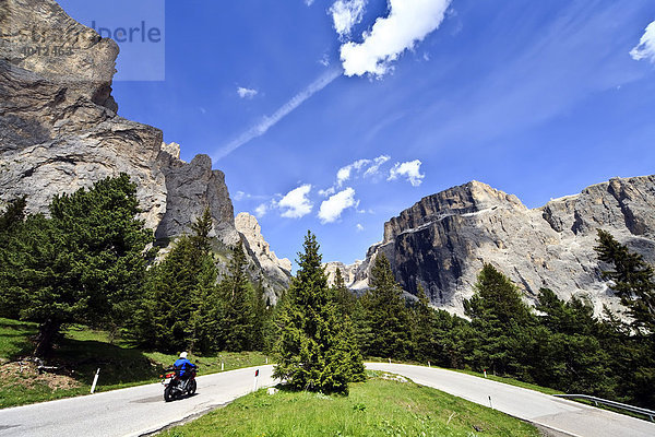 Motorradfahrer vor Sella-Gruppe in den Dolomiten  Italien  Europa