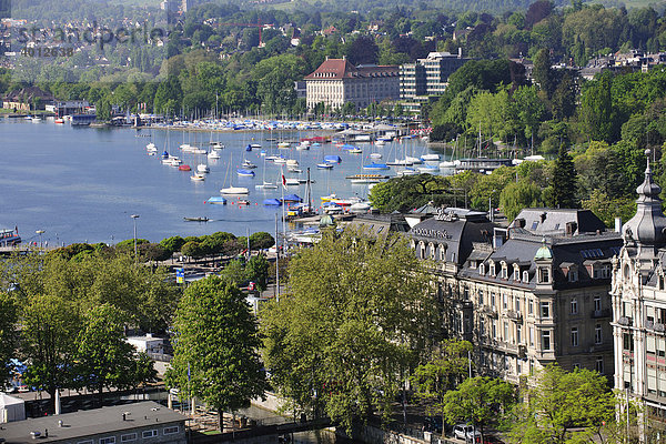Blick vom Grossmünsterturm auf die Strandpromenade und Segelschiffhafen von Zürich  Schweiz  Europa