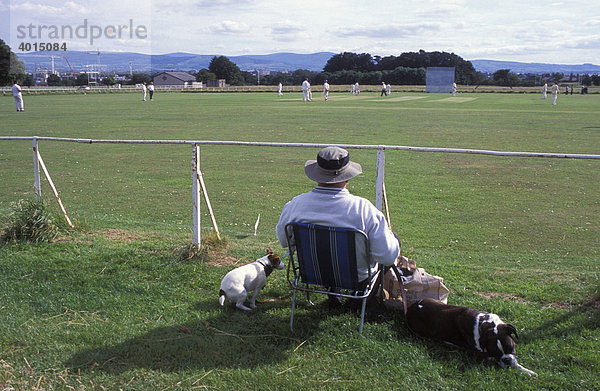 Mann mit Hunden beobachtet Cricket Spiel  Sport  Phoenix Cricket Club  Phoenix Park  Dublin  Irland