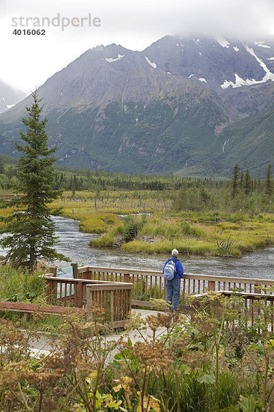 Ein Wanderer blickt auf einen Fluss in dem Lachse laichen  im Chugach State Park  Eagle River  Alaska  USA