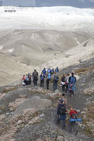 Menschen wandern in Richtung des Root Glacier Gletschers um dort das Eisklettern zu erlernen  Wrangell-St. Elias-Nationalpark  Kennicott  Alaska  USA