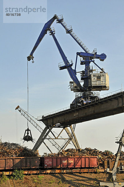 Brückenkran beim Abladen von Metallschrott  Schrottinsel  Binnenhafen DuisPort  Duisburg  Nordrhein-Westfalen  Deutschland  Europa