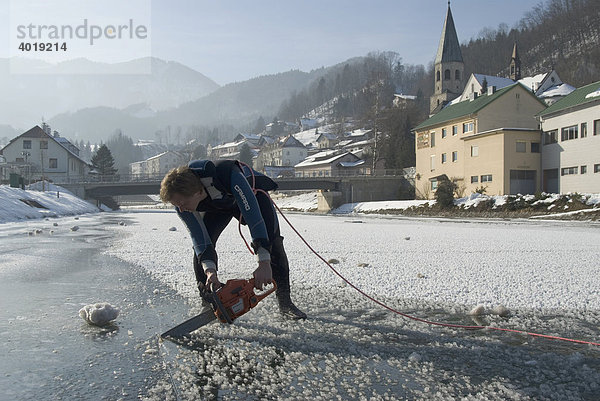 Mit der Motorsäge ein Loch in die gefrorene Wasseroberfläche schneiden zum Eistauchen  Reichraming  Oberösterreich  Österreich  Europa