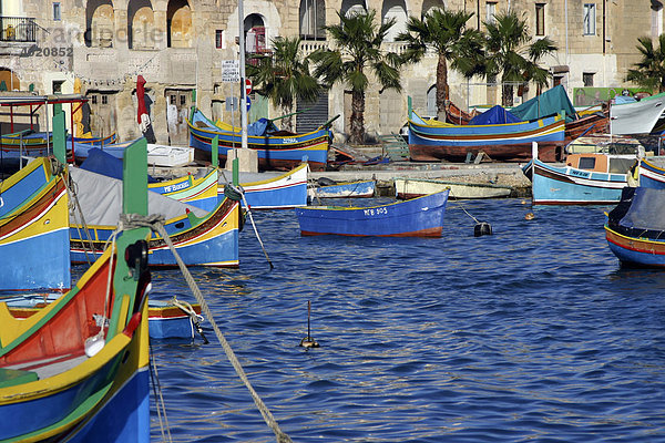 Bunte  traditionelle Fischerboote im Hafen von Marsaxlokk  Malta  Europa