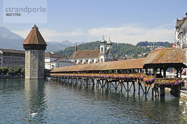 Kapellbrücke  Wasserturm  Fluss Reuss  Altstadt  Luzern  Schweiz  Europa