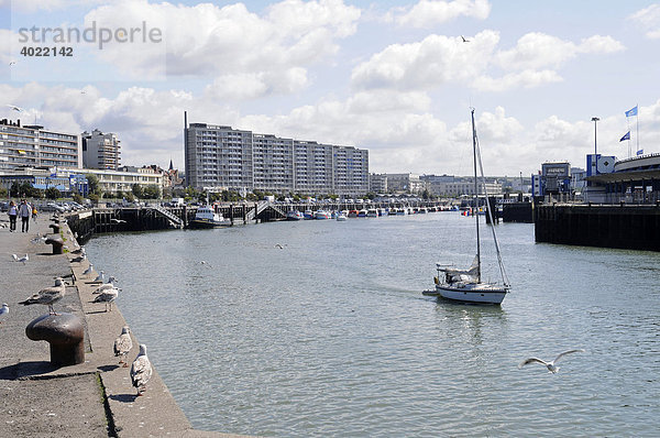 Möwen  Uferpromenade  Segelschiff  Hafen  Boulogne sur Mer  Nord Pas de Calais  Frankreich  Europa