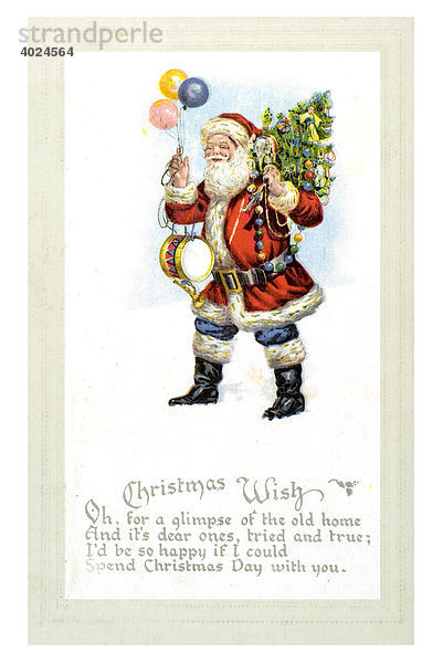 Historische englische Weihnachtskarte  Weihnachtsmann mit Luftballons  Tannenbaum und Trommel  Christmas wish