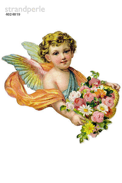 Glanzbild  Torso eines blonden Kinder - Engels mit oranger Schärpfe und Korb voller Rosen in Pastelltönen