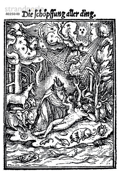 Holzschnitt  Die Schöpfung aller Dinge  Hans Holbein der Jüngere  Totentanz  1538