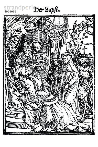 Holzschnitt  Der Papst  Hans Holbein der Jüngere  Totentanz  1538